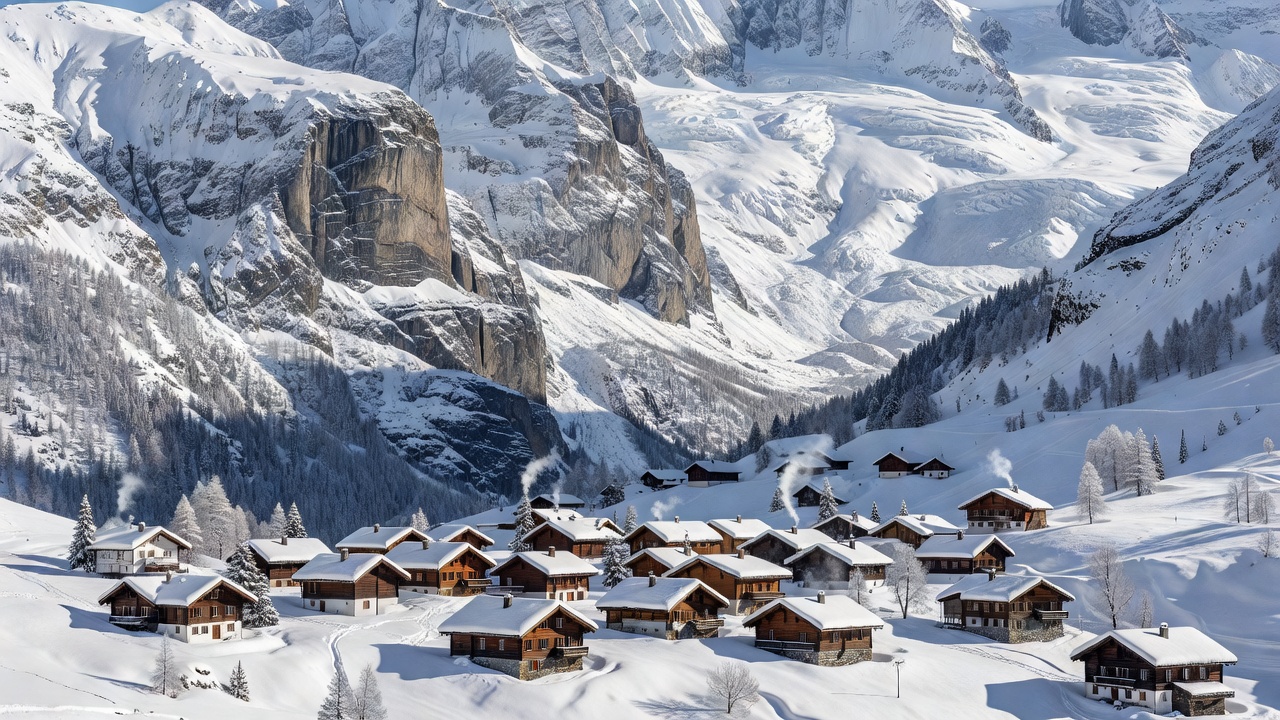 Alpine village in a valley beneath steep rock faces and snow, representing the Jungfrau Ski Region in the Bernese Oberland