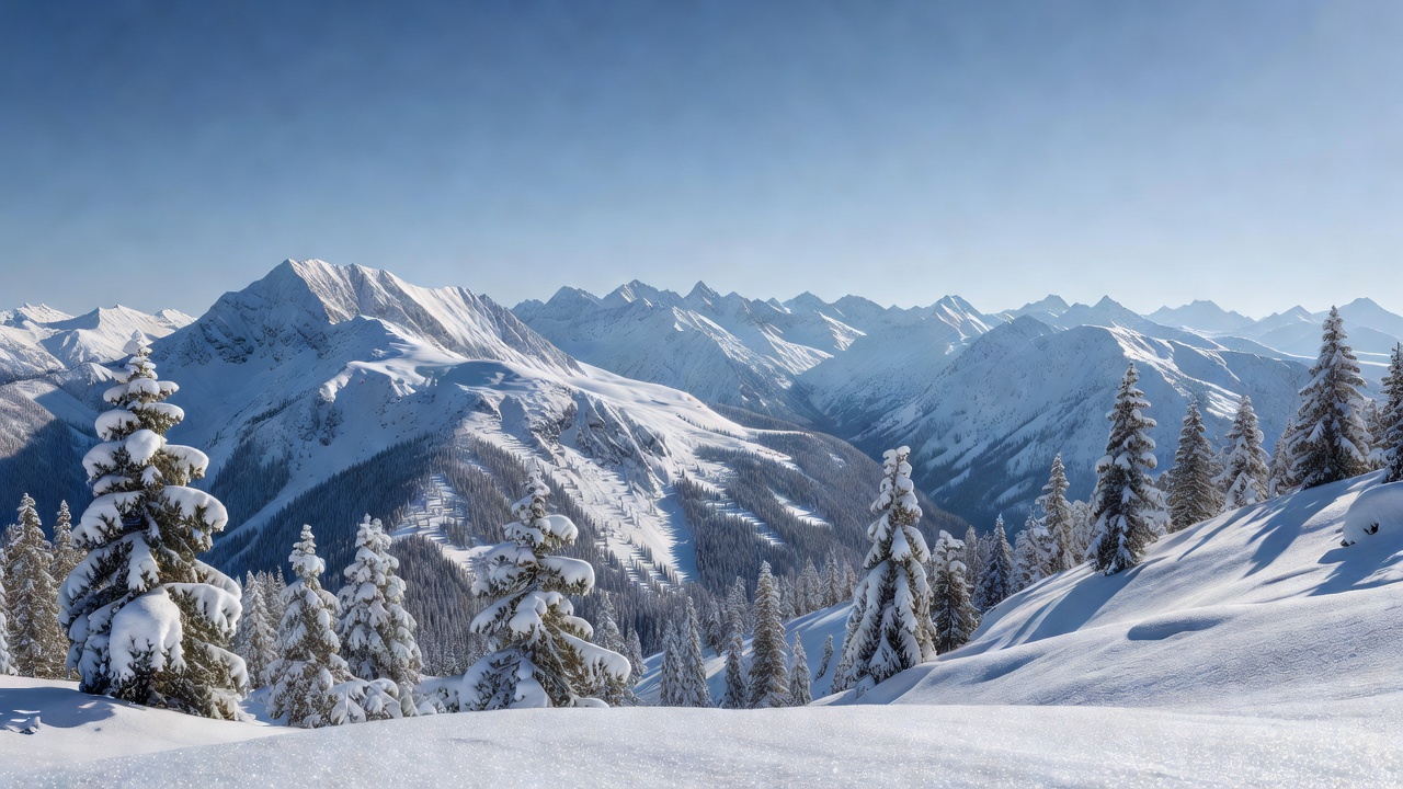 Bright winter mountain landscape under clear skies, representing the Engadin ski slopes above St. Moritz