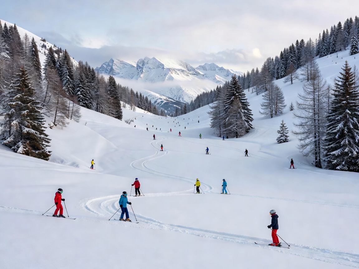 Gentle snowy valley with open slopes, suitable for beginner skiers in Switzerland
