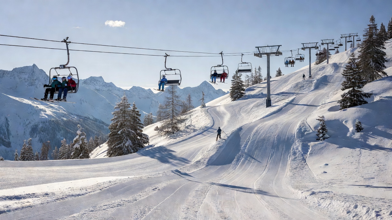 Ski lifts and groomed slopes on a snowy mountainside, representing the Parsenn ski area in Davos