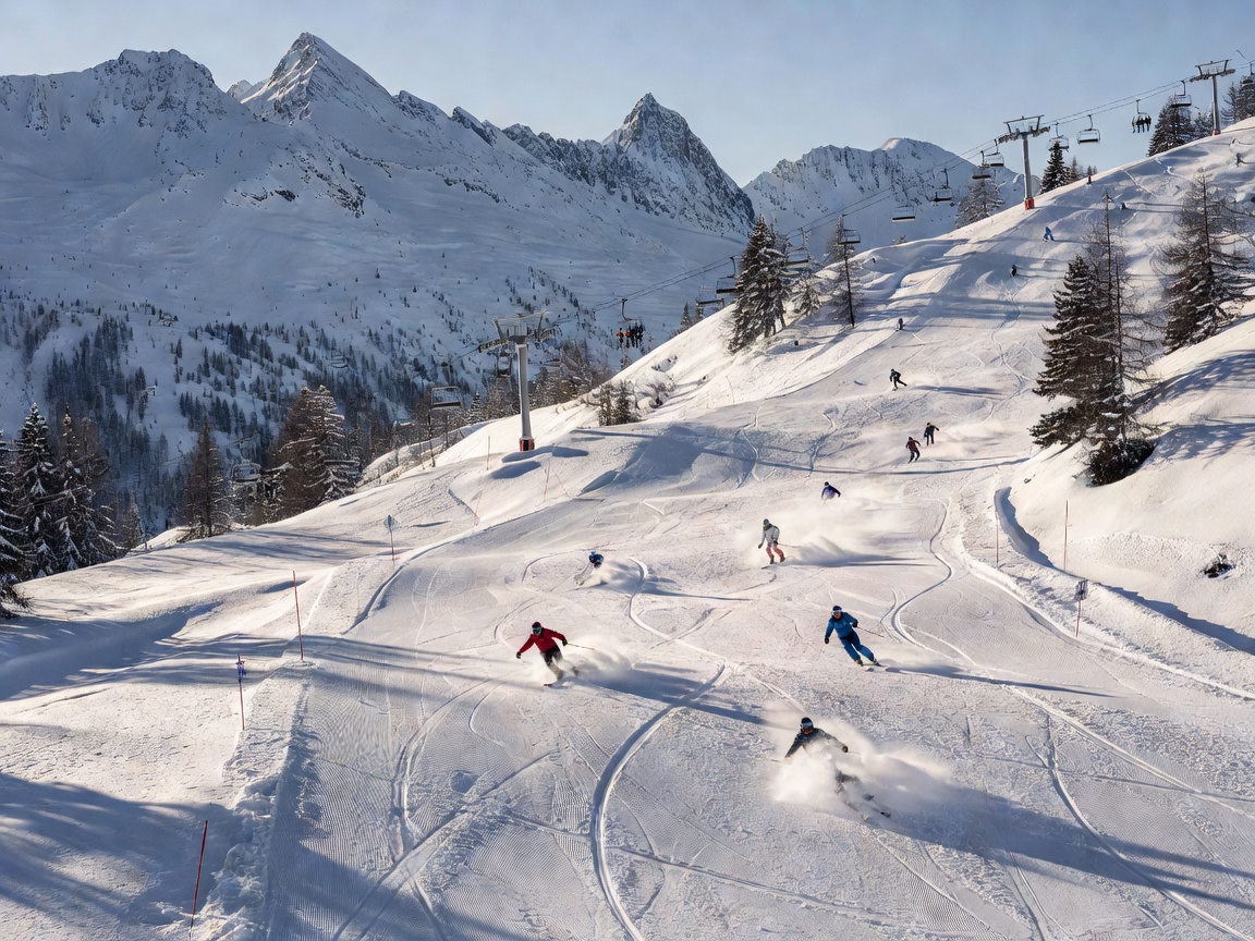 Ski lifts and groomed runs on a snowy hillside, representing Davos Klosters ski areas