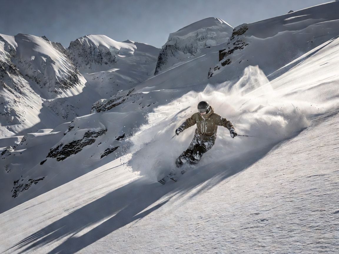 Skier descending a snowy slope in powder, representing freeride skiing in Verbier