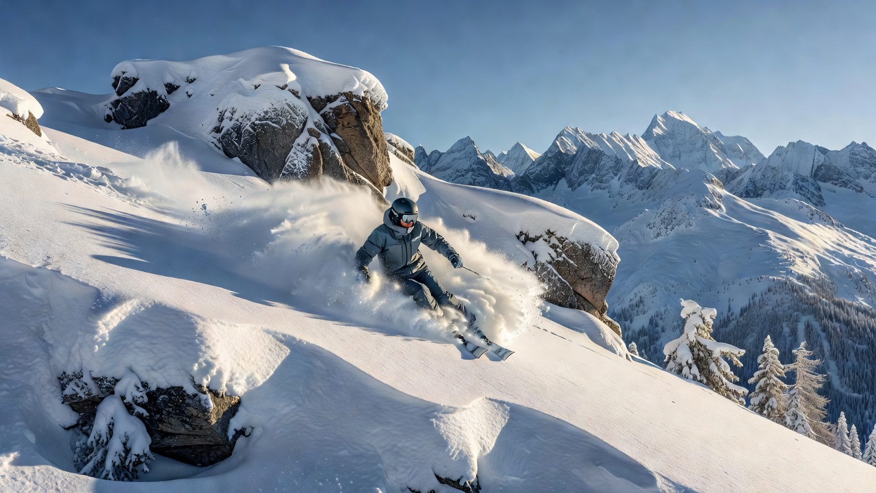 Skier cutting through deep snow on a steep slope, representing freeride skiing around Verbier