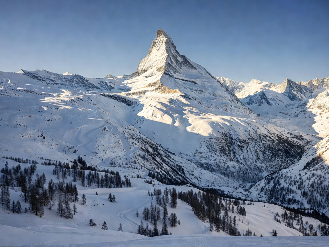 Sunlit snow-covered peaks above an Alpine valley, representing skiing beneath the Matterhorn in Zermatt