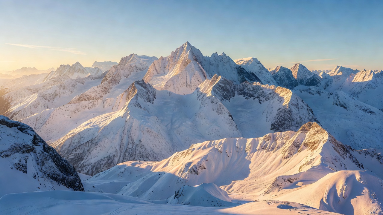 Snow-covered Alpine peaks glowing in warm light, representing the mountains our magazine covers