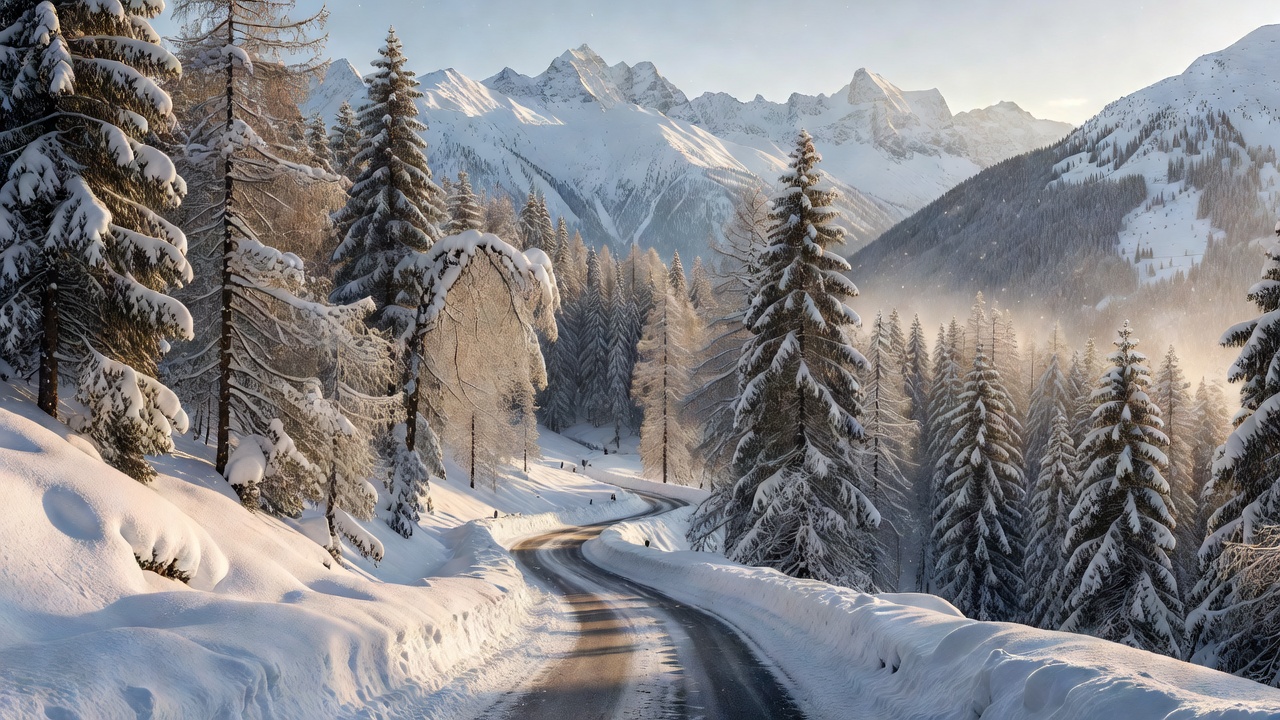 Snow-lined road through a winter forest, representing journeys to Swiss mountain resorts
