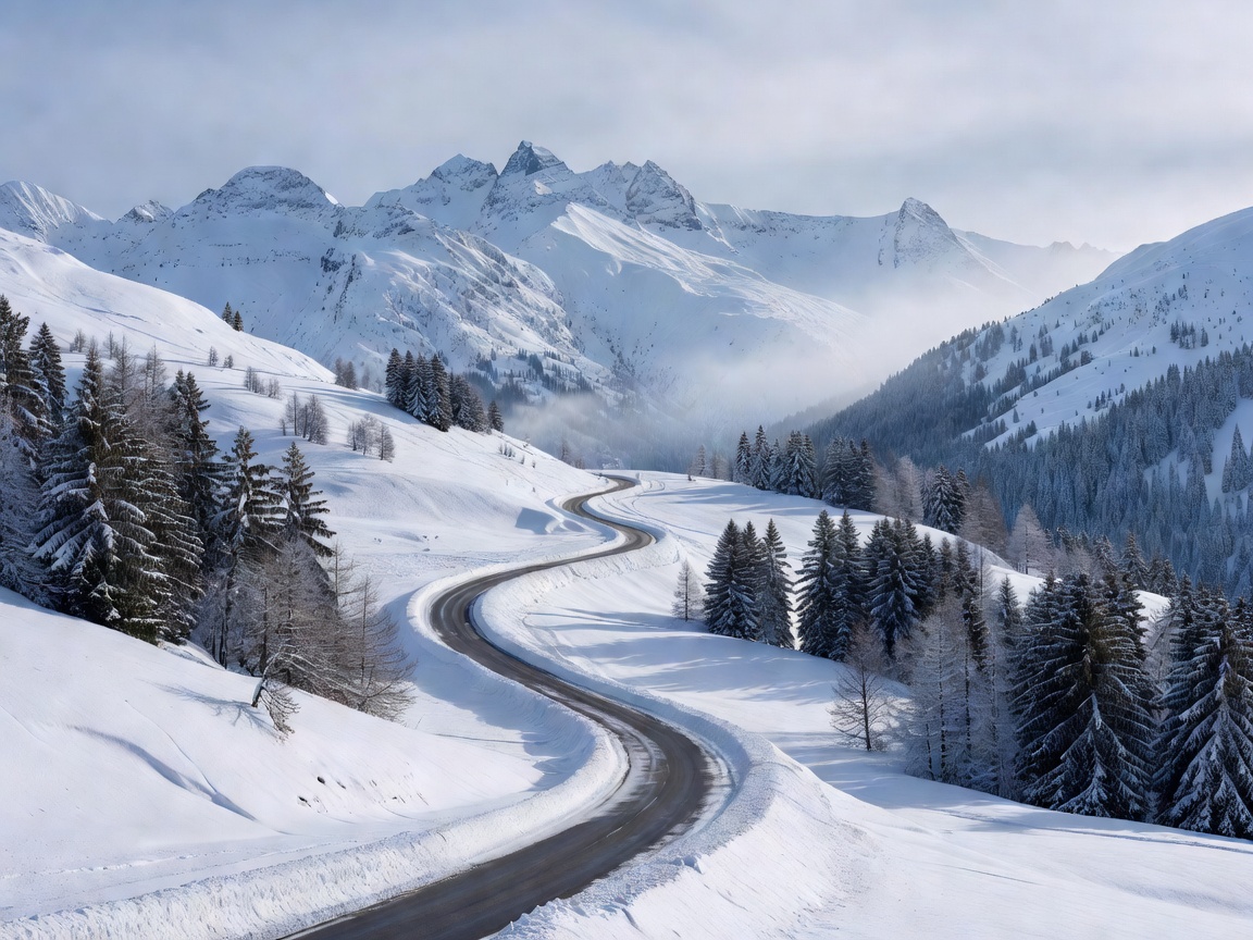 Snow-lined road winding through a winter landscape, representing travel to Swiss ski resorts