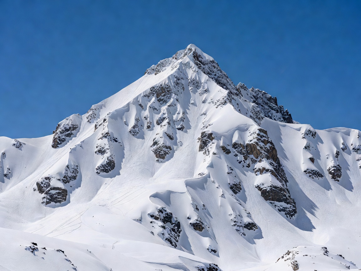 Steep snow-covered peak against clear sky, evoking expert ski terrain in the Swiss Alps