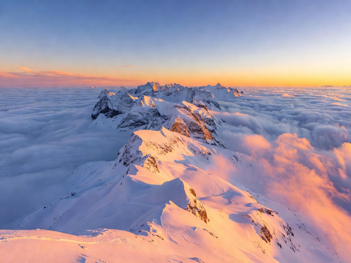 Sunrise light over a high mountain ridge above clouds, representing a multi-resort Swiss winter journey
