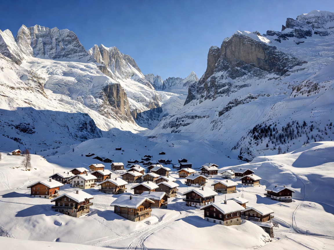 Alpine village beneath towering rock faces, representing the Jungfrau Ski Region