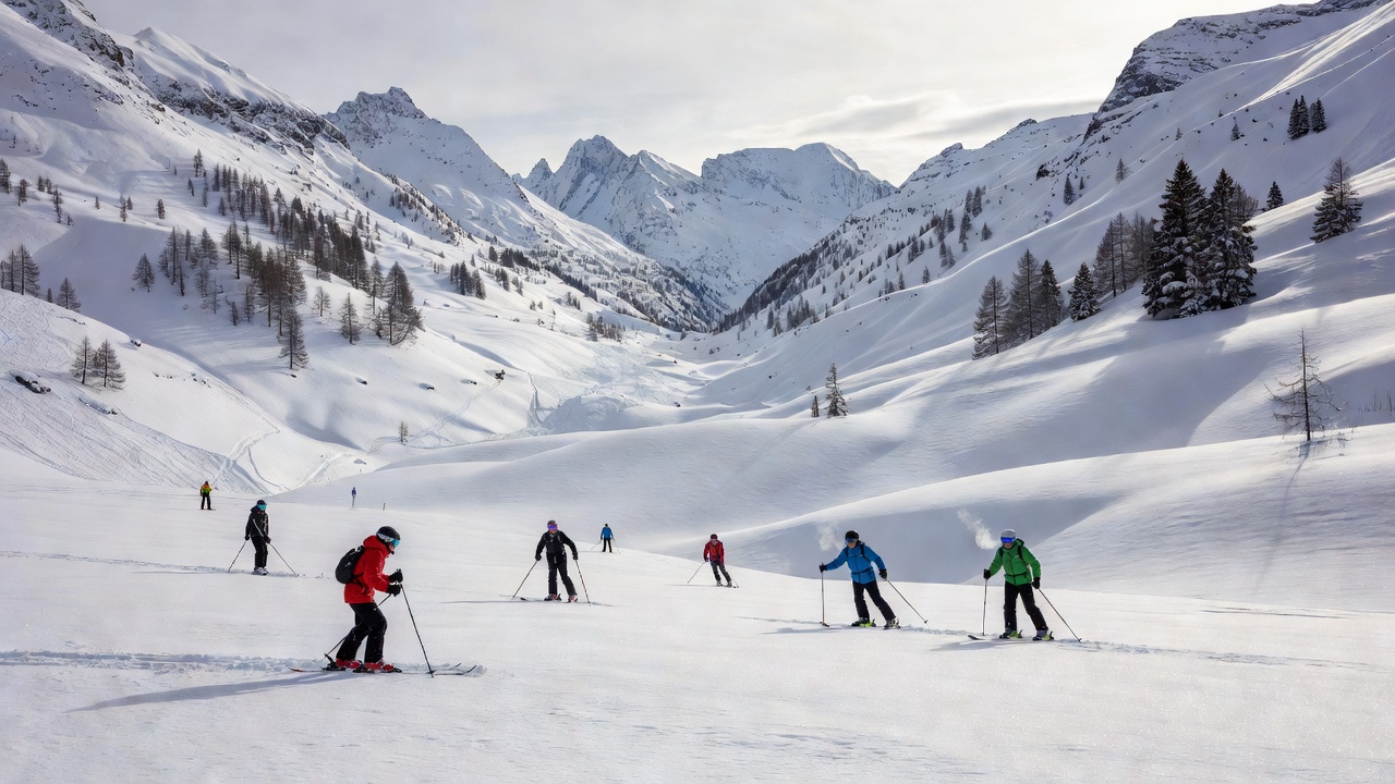 Wide snowy valley with gentle slopes, ideal for first-time skiers learning in Switzerland